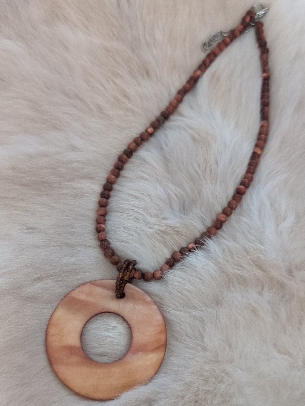 Vintage Handcrafted Brown Beaded Pendant Necklace - Natural Ring Pendant